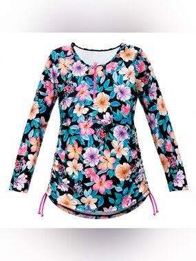 Black Floral Long-Sleeve Ruched Mini Dress - Black Multi SPF